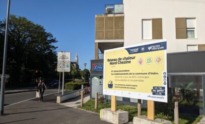 Entrée de Basse-Indre, panneau de chantier du raccordment au réseau de chaleur